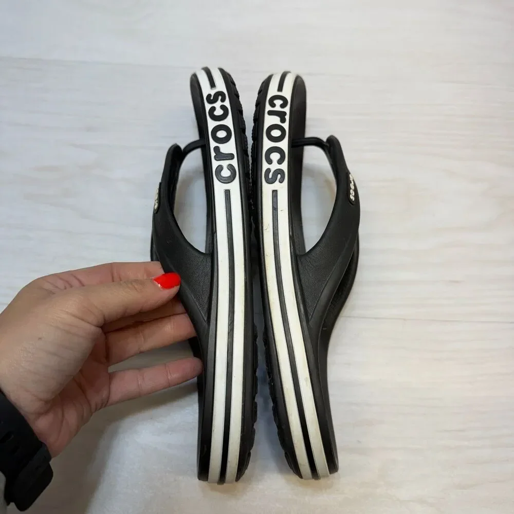 Crocs Bayaband Thong Flip‎ Flops Unisex Size 6M/8W Black Leather Casual Comfort
